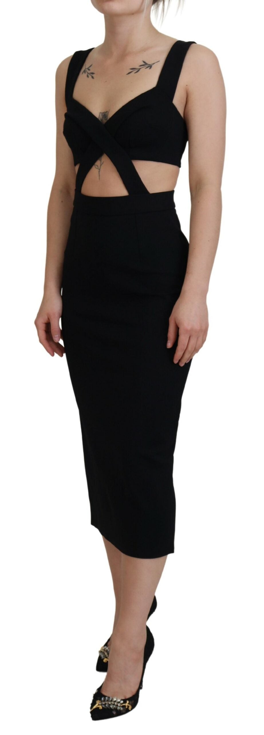 Schwarzes, figurbetontes Midikleid aus Viskose
