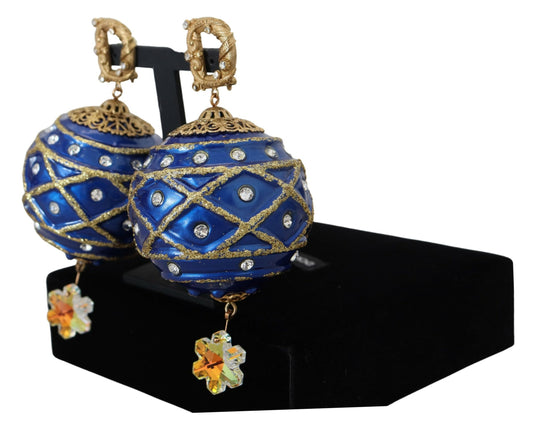 Ohrclips aus Messing in Gold und Blau mit baumelnden Kugeln und Kristallen