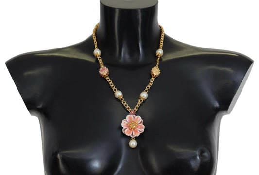Goldfarbene Halskette mit floralen Kristallen und rosa Verzierung