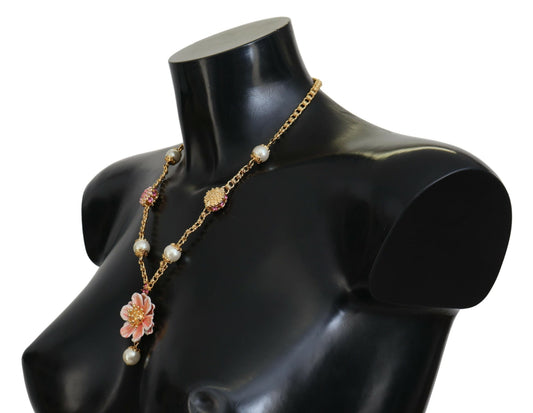 Goldfarbene Halskette mit floralen Kristallen und rosa Verzierung