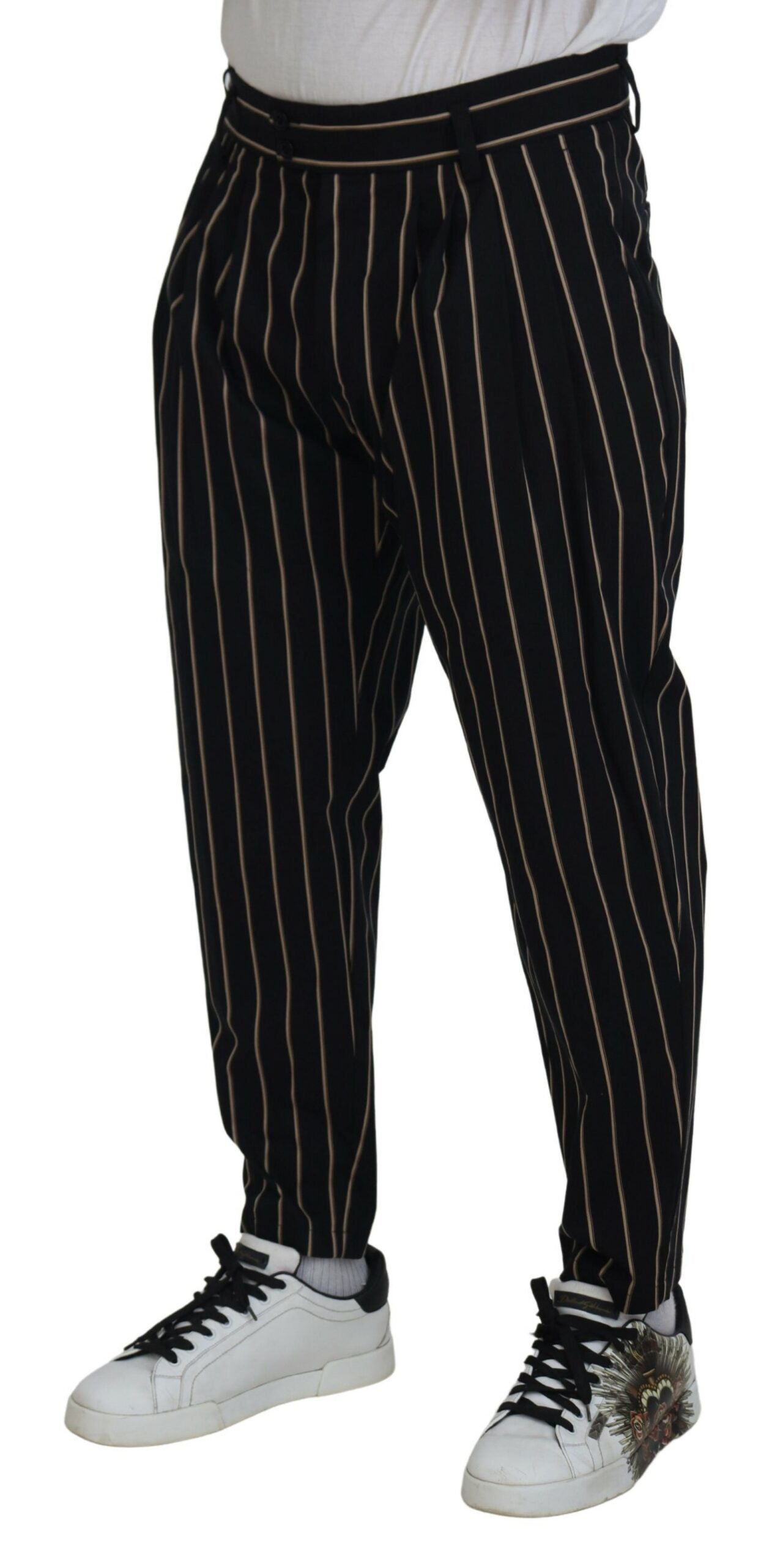 Schwarz-beige gestreifte Baumwoll-Stretchhose