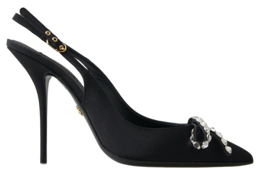 Schwarze Schuhe mit Slingback-Absatz und Kristallverzierung