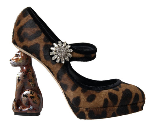 Schwarzbraune Mary Jane Pumps mit Leopardenmuster und Kalbslederabsatz