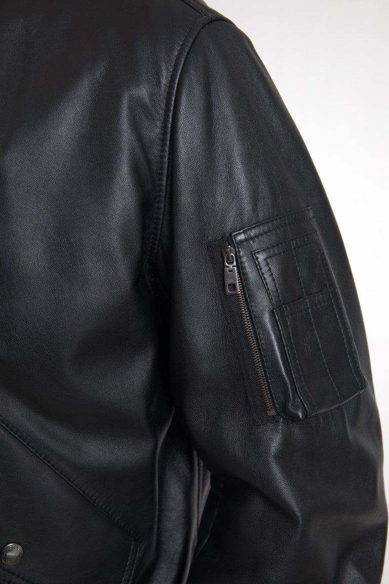 Schwarze Blouson-Bomberjacke aus Leder mit durchgehendem Reißverschluss