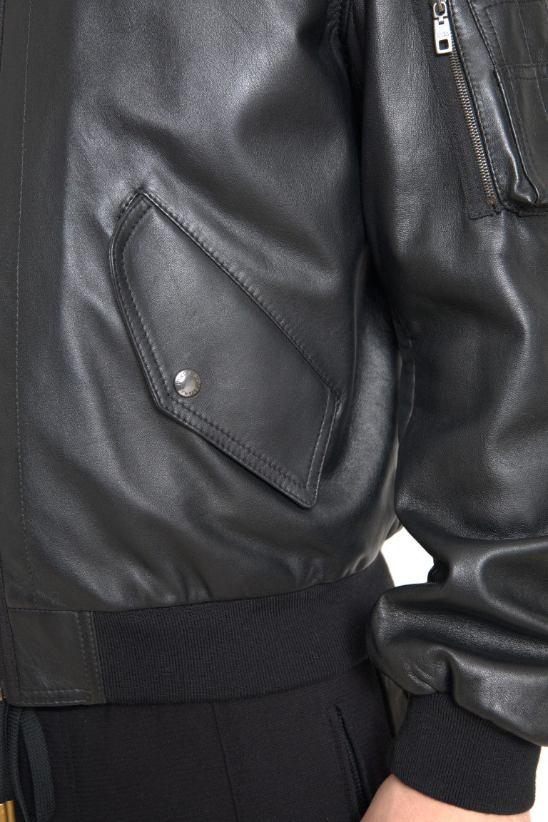 Schwarze Blouson-Bomberjacke aus Leder mit durchgehendem Reißverschluss