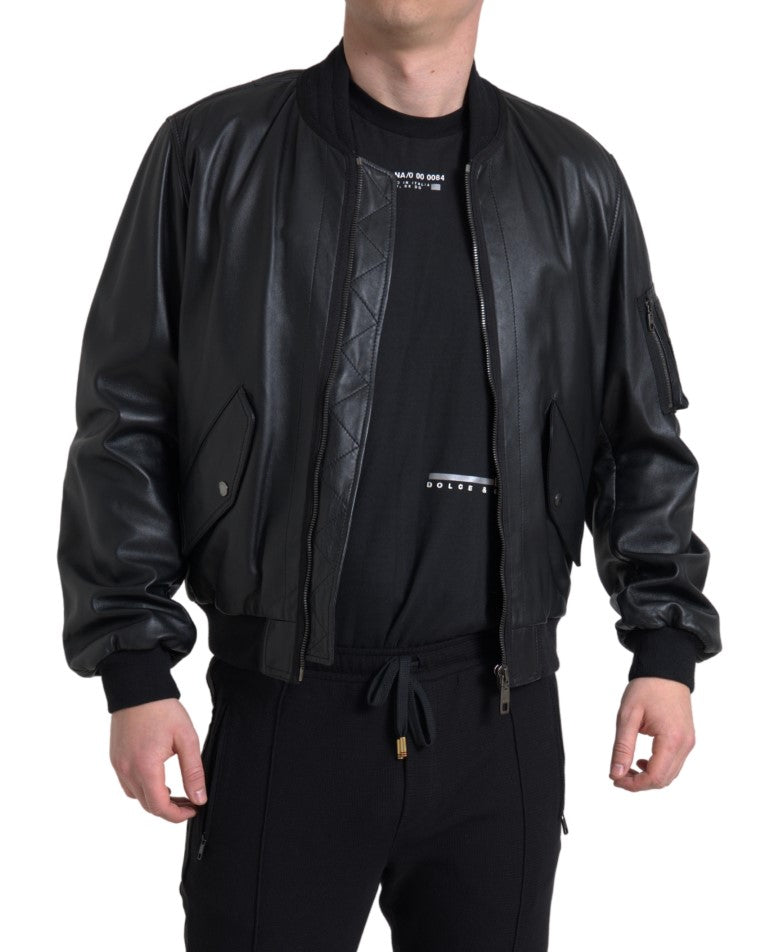 Schwarze Blouson-Bomberjacke aus Leder mit durchgehendem Reißverschluss
