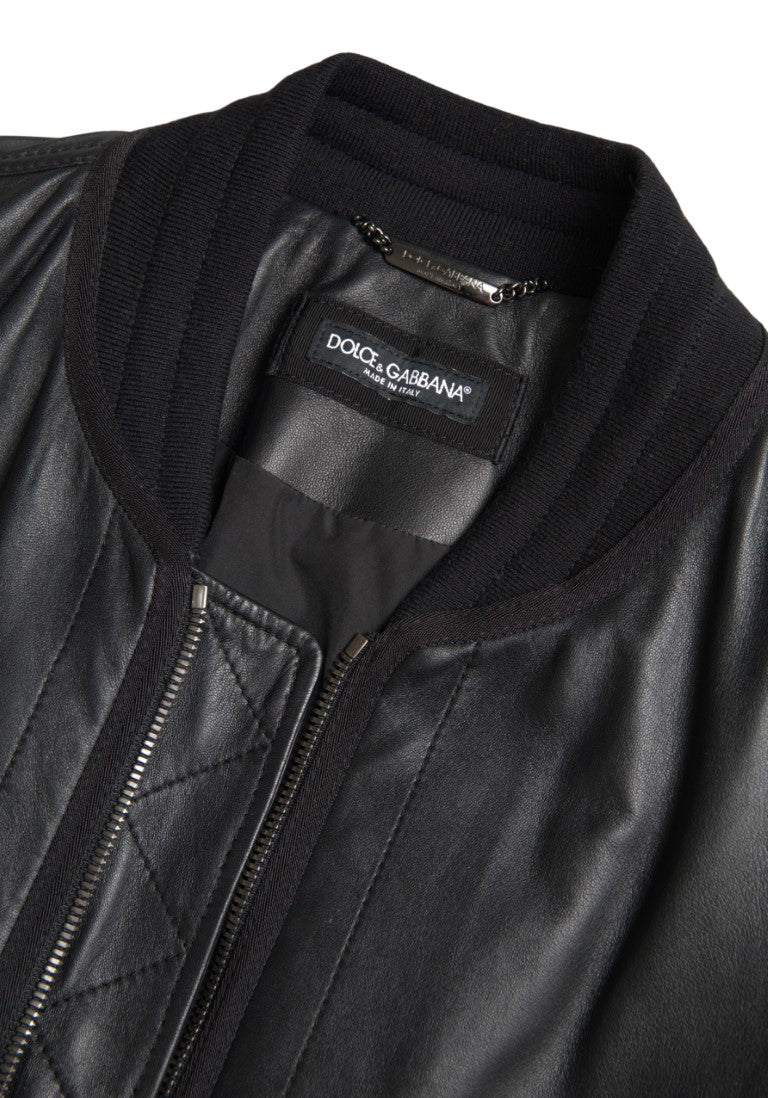 Schwarze Blouson-Bomberjacke aus Leder mit durchgehendem Reißverschluss