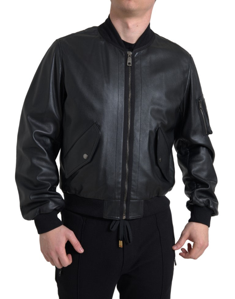Schwarze Blouson-Bomberjacke aus Leder mit durchgehendem Reißverschluss
