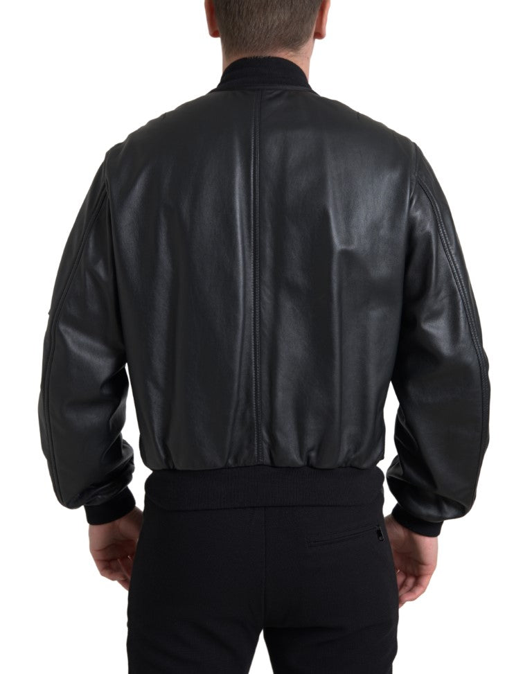Schwarze Blouson-Bomberjacke aus Leder mit durchgehendem Reißverschluss