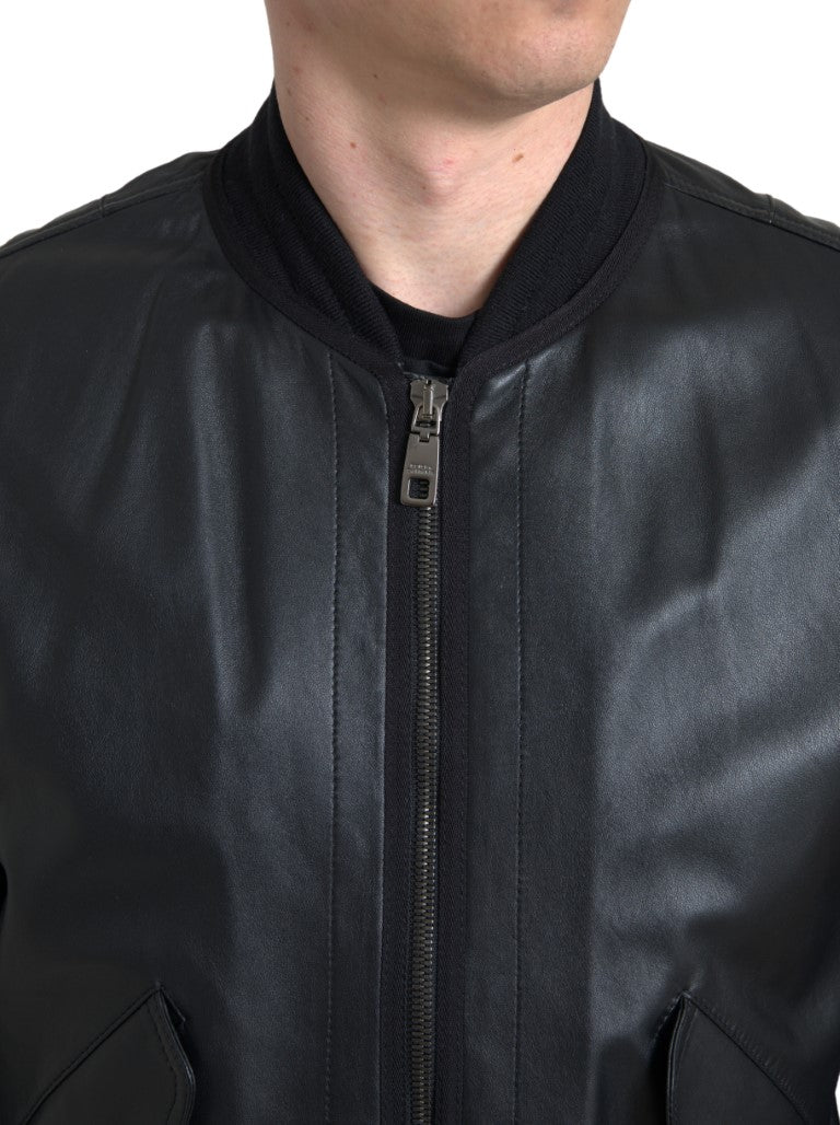 Schwarze Blouson-Bomberjacke aus Leder mit durchgehendem Reißverschluss