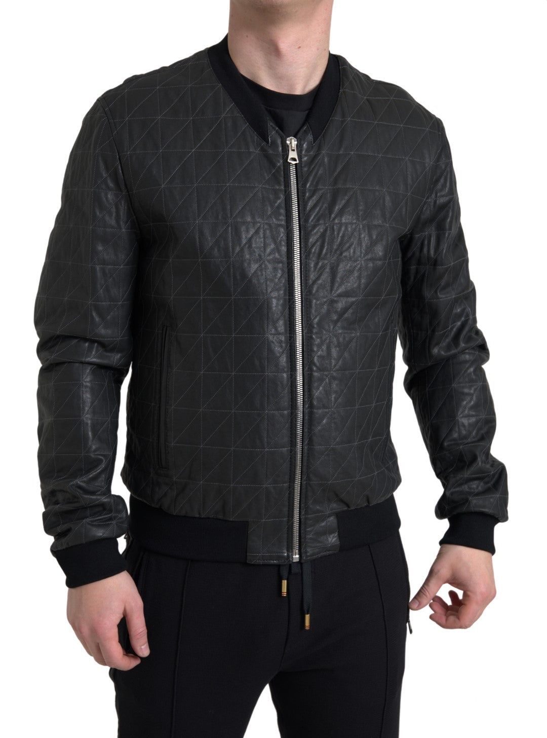 Schwarze Bomberjacke aus Leder mit durchgehendem Reißverschluss