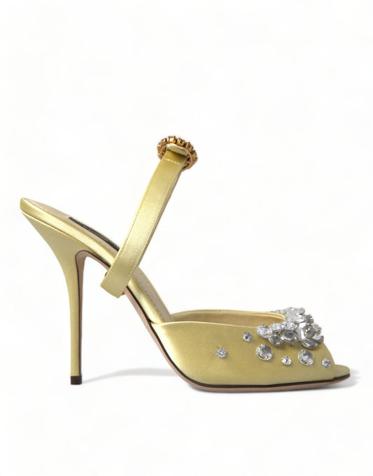 Gelbe Mary Janes-Sandalen aus Satin mit Kristallen