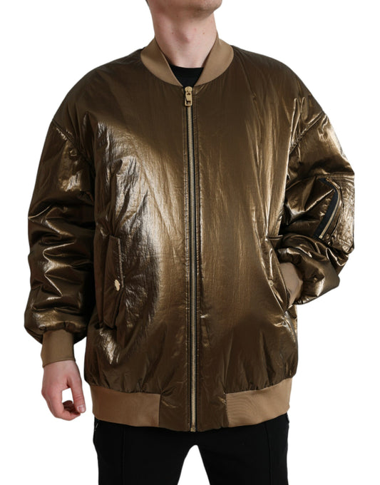 Bronzefarbene Nylon-Bomberjacke mit durchgehendem Reißverschluss für Herren