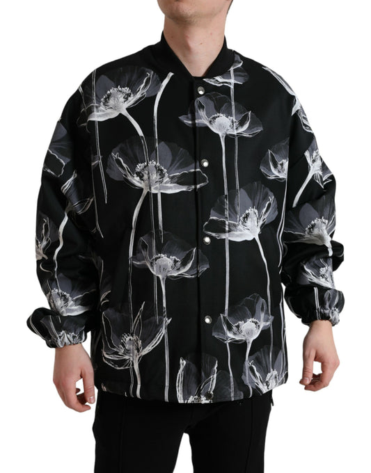 Schwarze Woll-Bomberjacke mit Knopfleiste und Blumenmuster