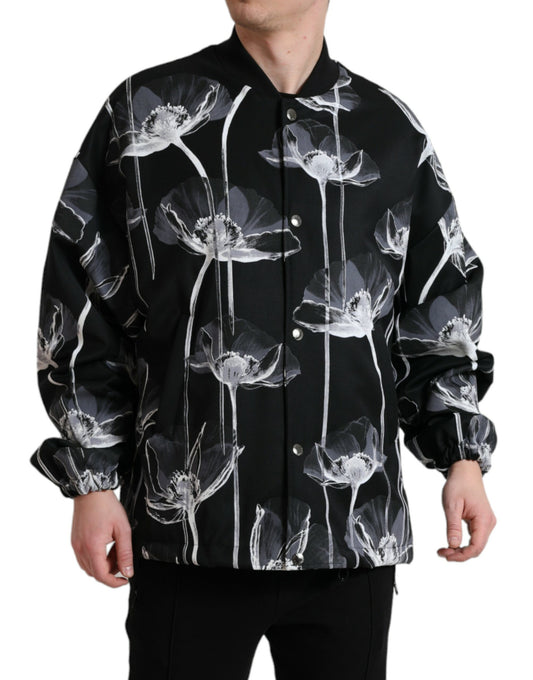 Schwarze Woll-Bomberjacke mit Knopfleiste und Blumenmuster