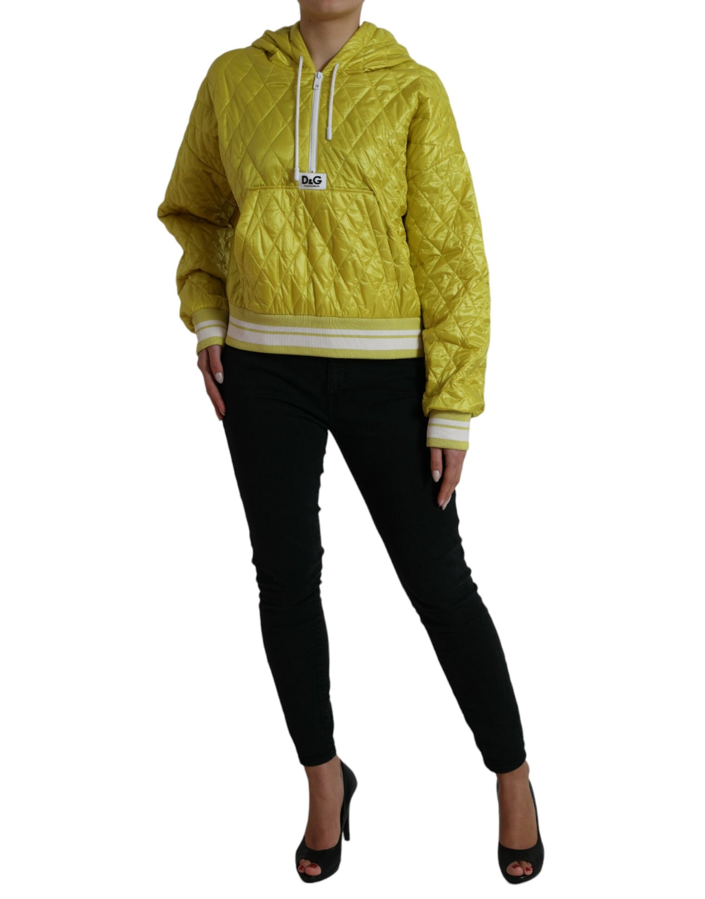 Gelbe gesteppte Kapuzenpulloverjacke aus Nylon