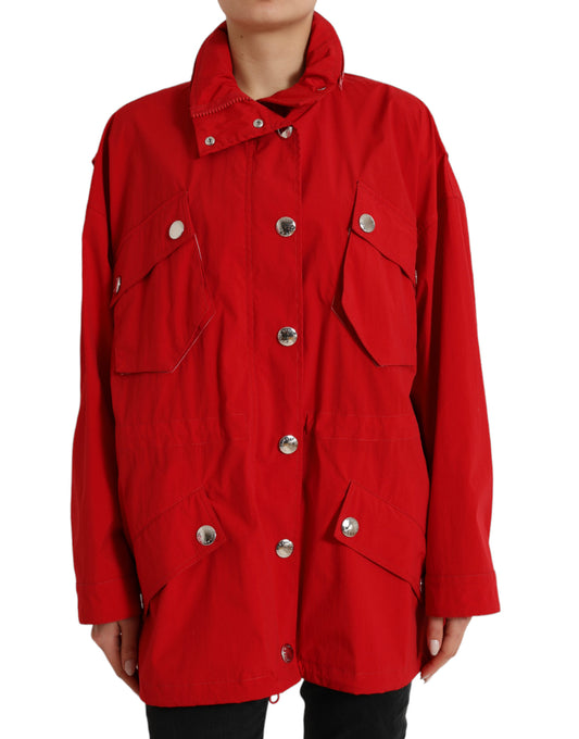 Rote Regenjacke aus Polyester mit Kapuze und Knopf
