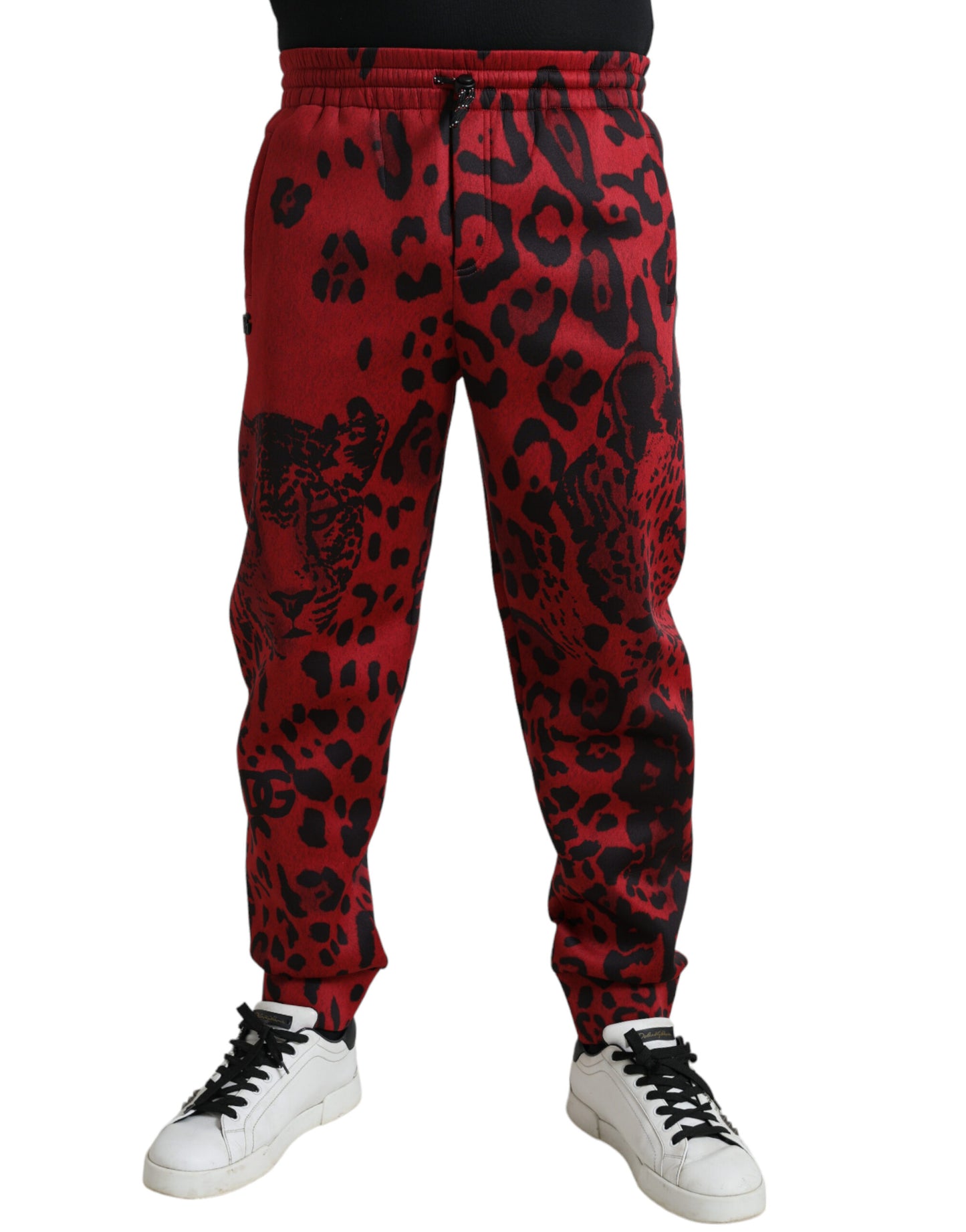 Rot-schwarze Stretch-Jogginghose mit Leopardenmuster