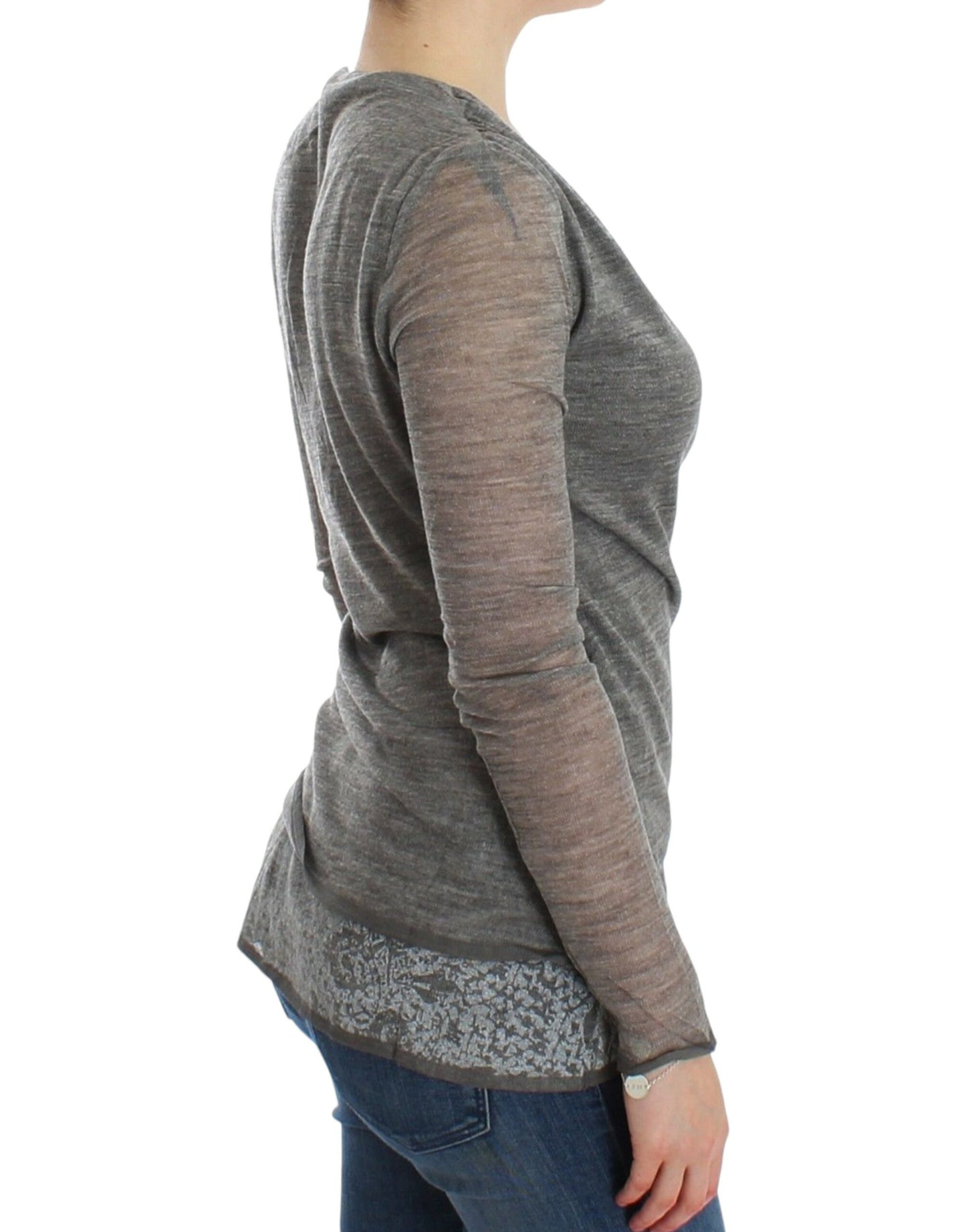 Grauer, langärmliger Stretchpullover aus Wollmischung