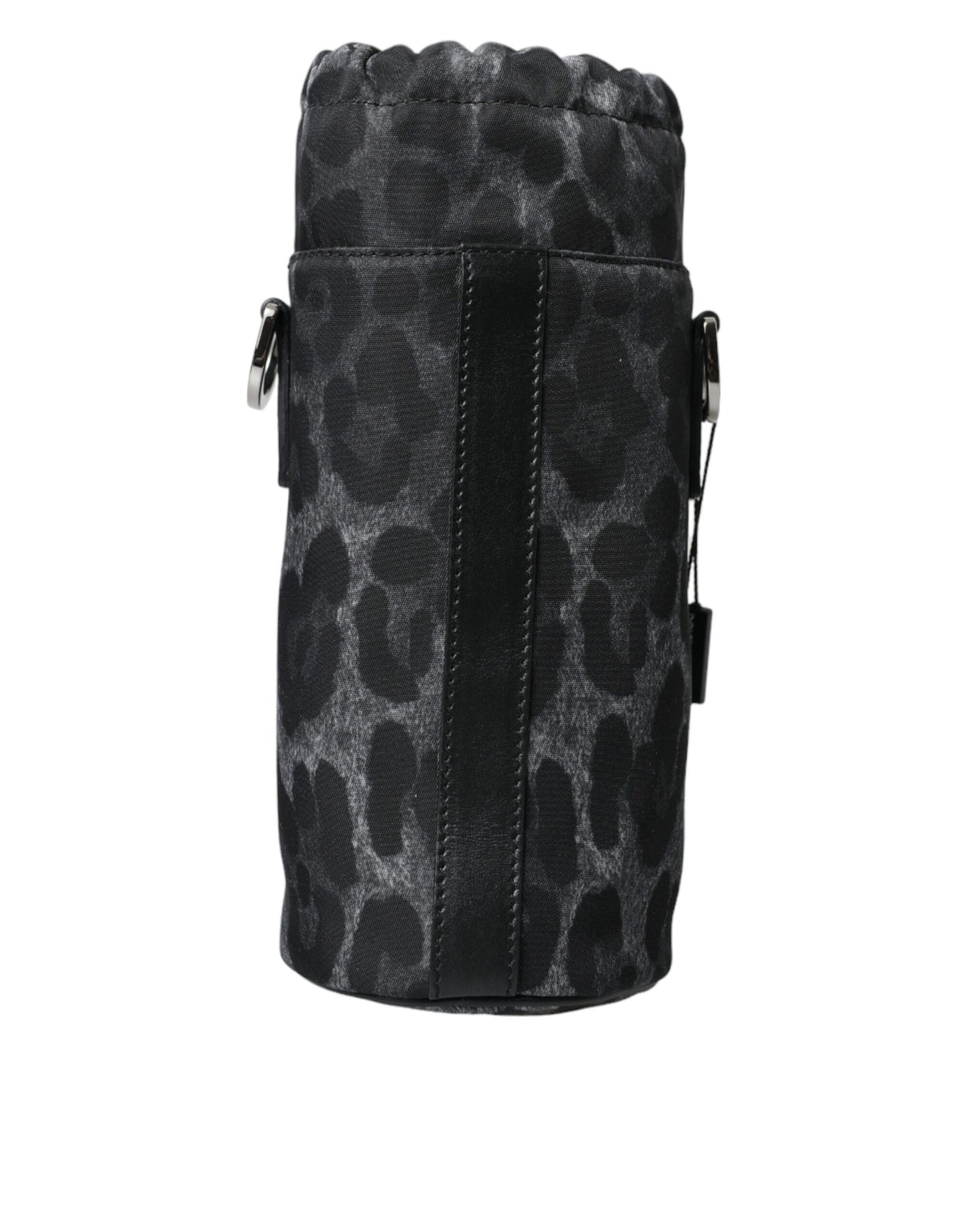 Runde, schmale Tragetasche mit Flaschenhalter in Schwarz mit Leopardenmuster
