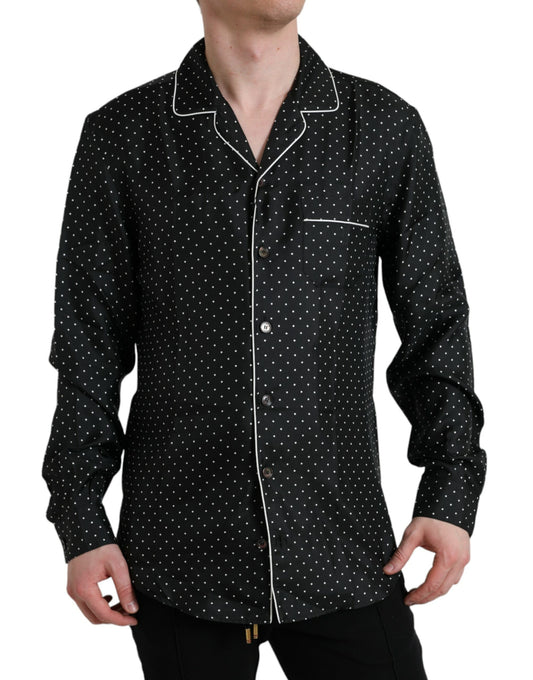 Schwarzes Langarmhemd aus Seide mit Polka Dots
