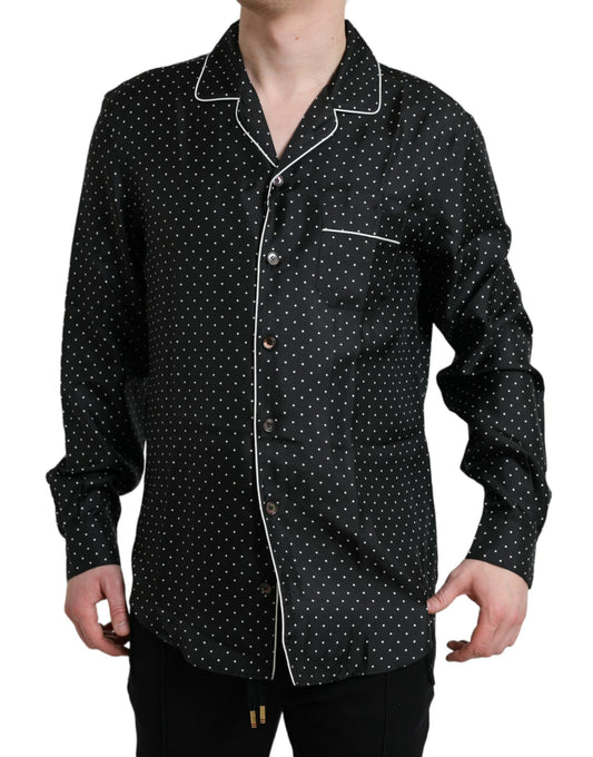 Schwarzes Langarmhemd aus Seide mit Polka Dots