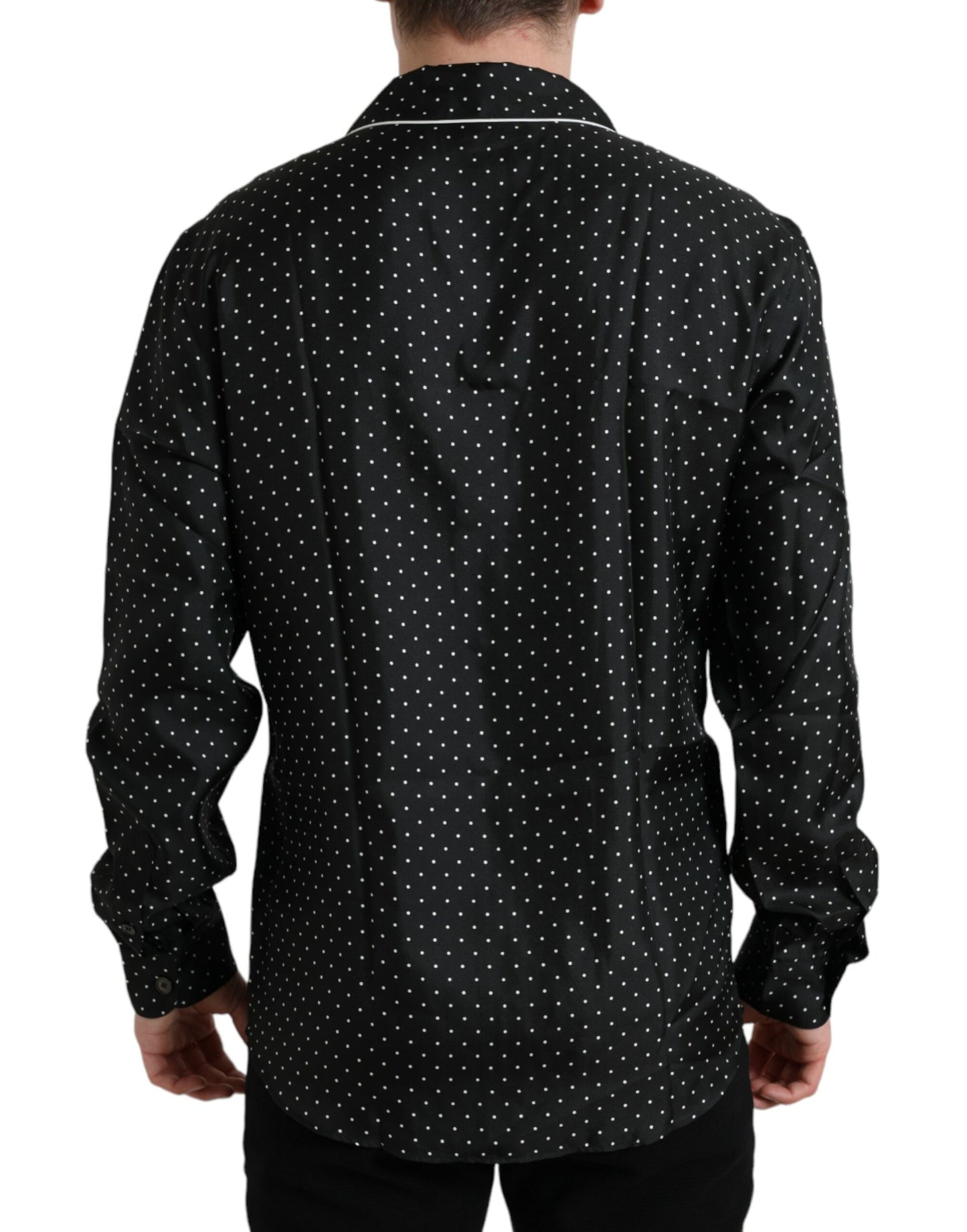Schwarzes Langarmhemd aus Seide mit Polka Dots