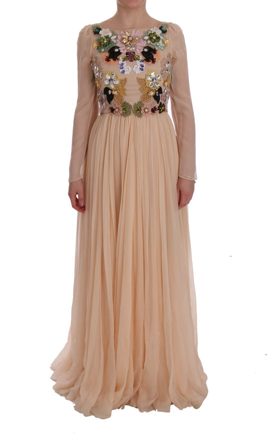 Rosa Seiden-Maxikleid mit Blumenmuster und Kristallen