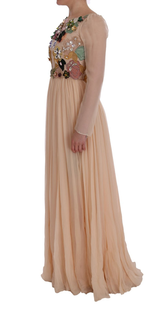Rosa Seiden-Maxikleid mit Blumenmuster und Kristallen