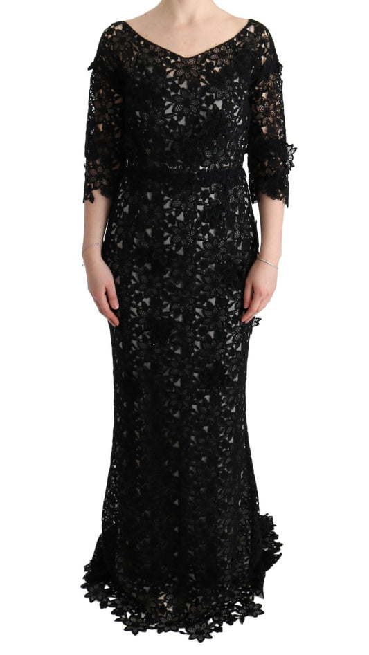 Schwarzes, langes Kleid aus Baumwollseide mit Blumenmuster