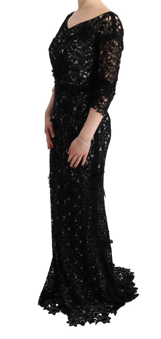 Schwarzes, langes Kleid aus Baumwollseide mit Blumenmuster