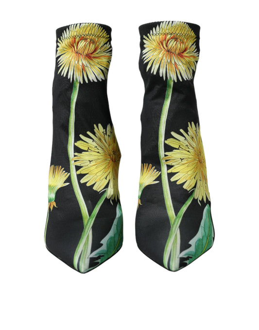 Schwarze Stiefeletten aus Jersey-Stretch mit Blumenmuster