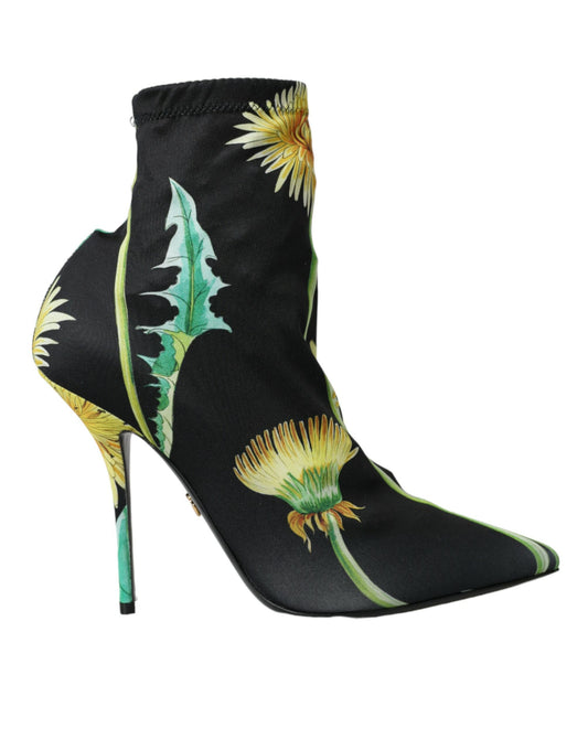 Schwarze Stiefeletten aus Jersey-Stretch mit Blumenmuster