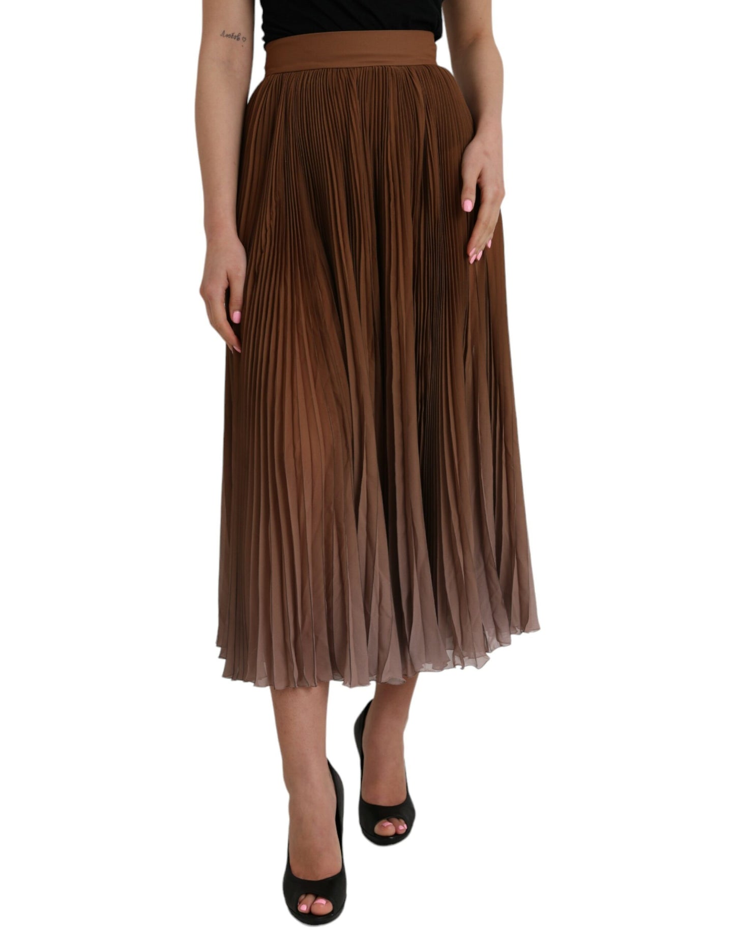 Brauner, plissierter Midirock aus Polyester mit hoher Taille