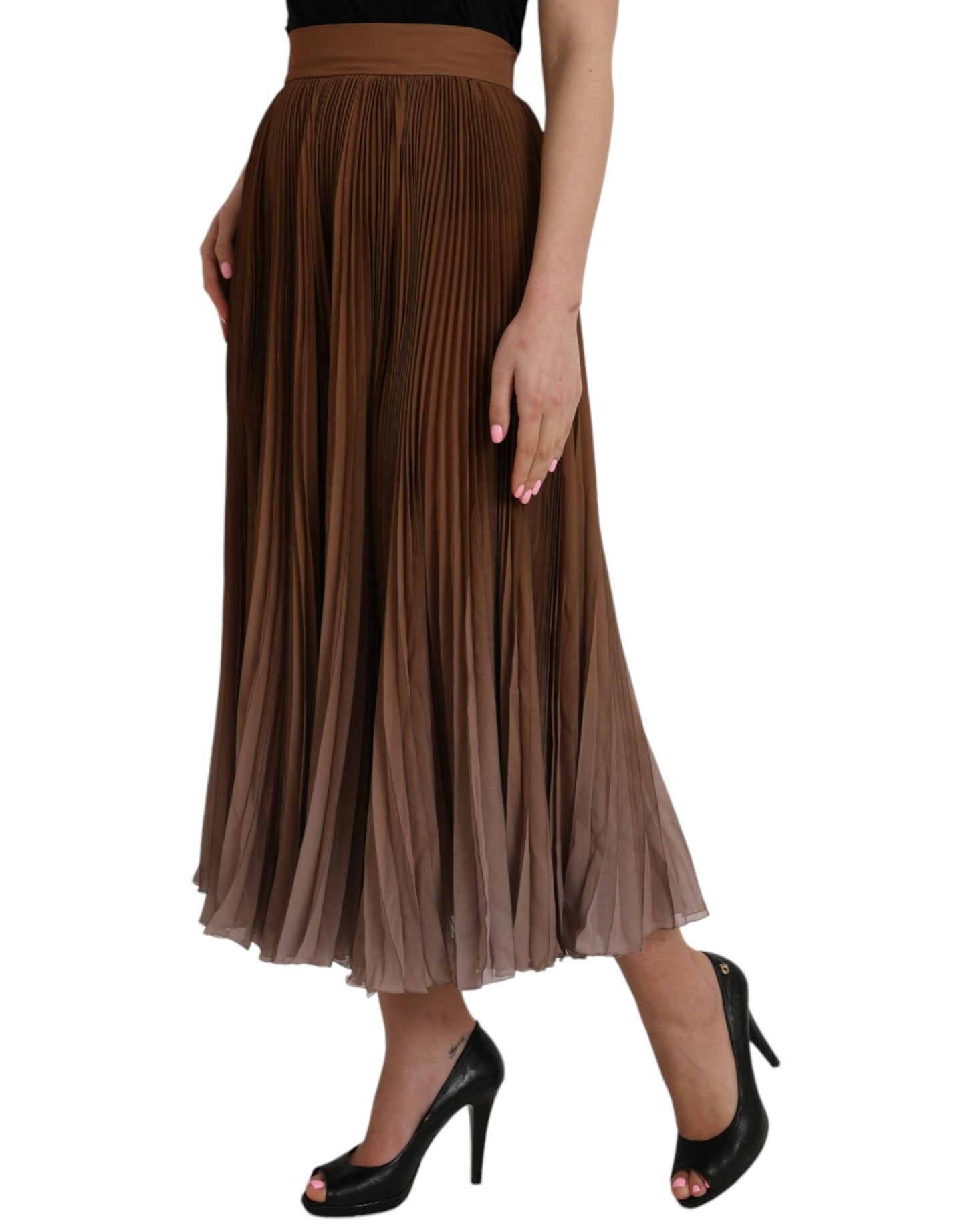 Brauner, plissierter Midirock aus Polyester mit hoher Taille