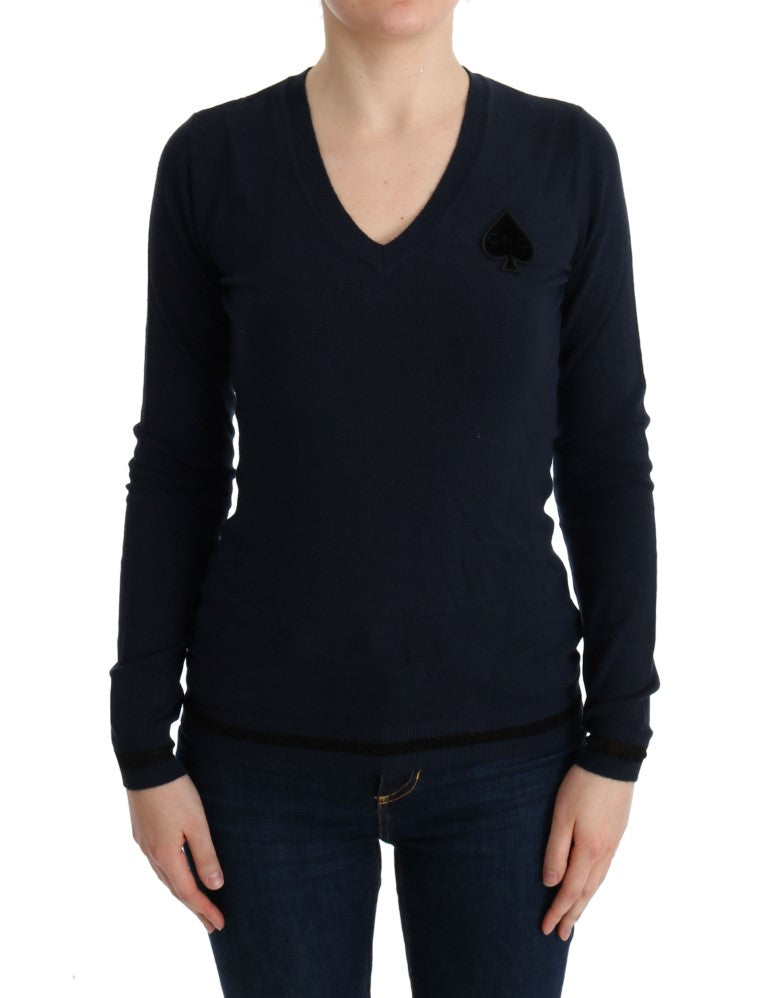 Blauer Viskosepullover mit V-Ausschnitt