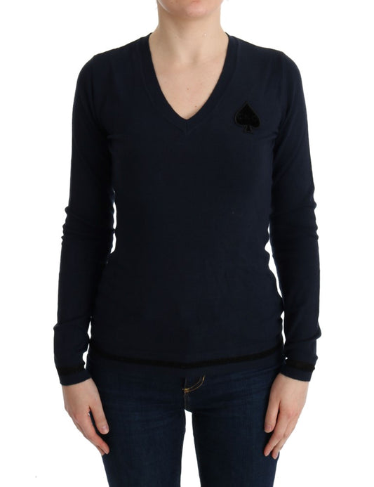 Blauer Viskosepullover mit V-Ausschnitt