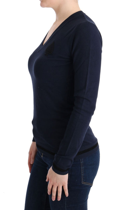 Blauer Viskosepullover mit V-Ausschnitt
