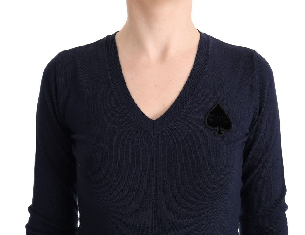 Blauer Viskosepullover mit V-Ausschnitt