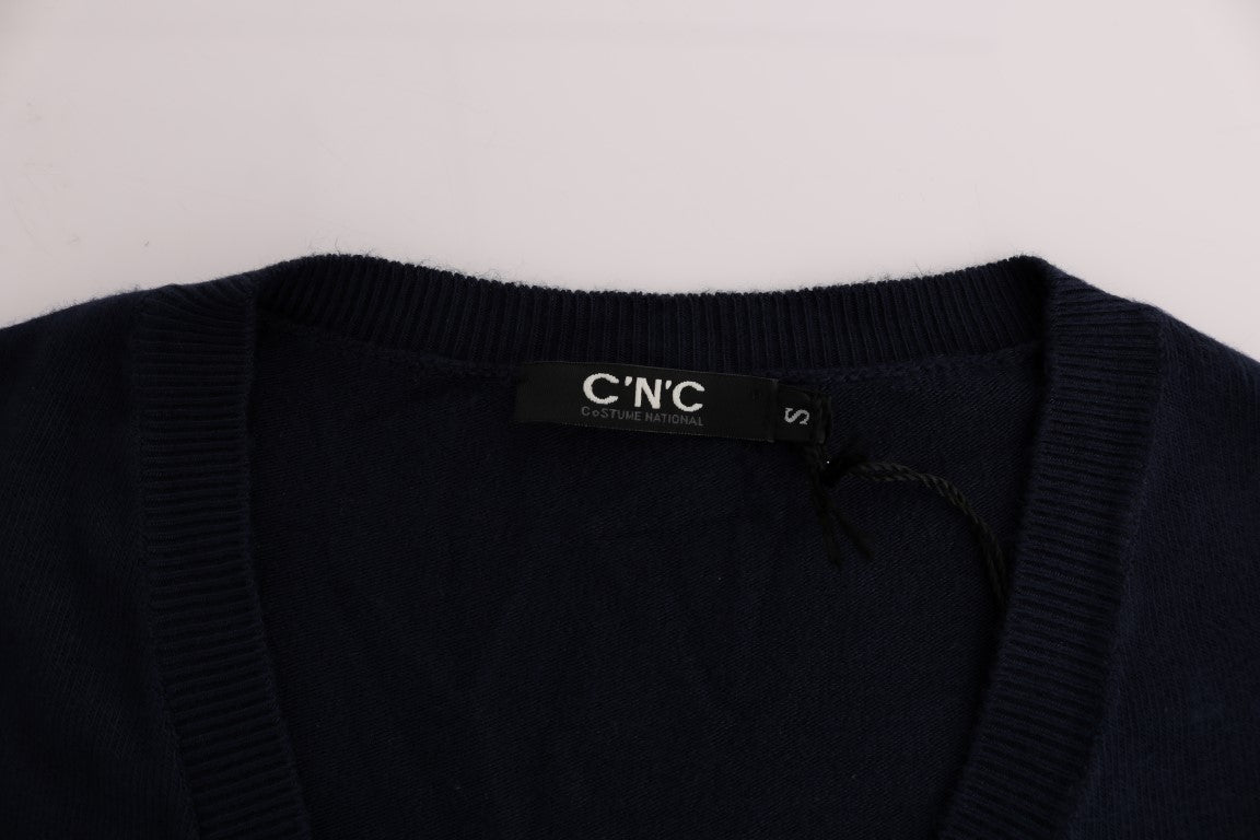 Blauer Viskosepullover mit V-Ausschnitt