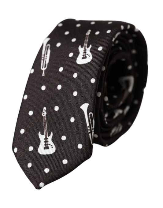 Schwarze, verstellbare Seidenkrawatte mit Gitarrendruck