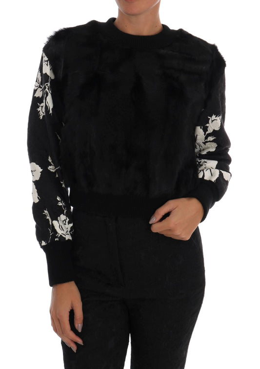 Schwarzer Pullover mit Reißverschluss aus Brokat mit Blumenmuster und Pelz