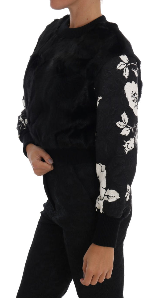 Schwarzer Pullover mit Reißverschluss aus Brokat mit Blumenmuster und Pelz