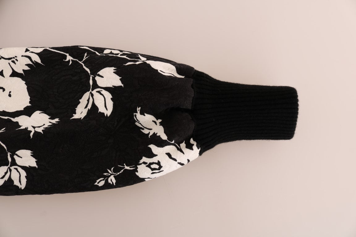 Schwarzer Pullover mit Reißverschluss aus Brokat mit Blumenmuster und Pelz