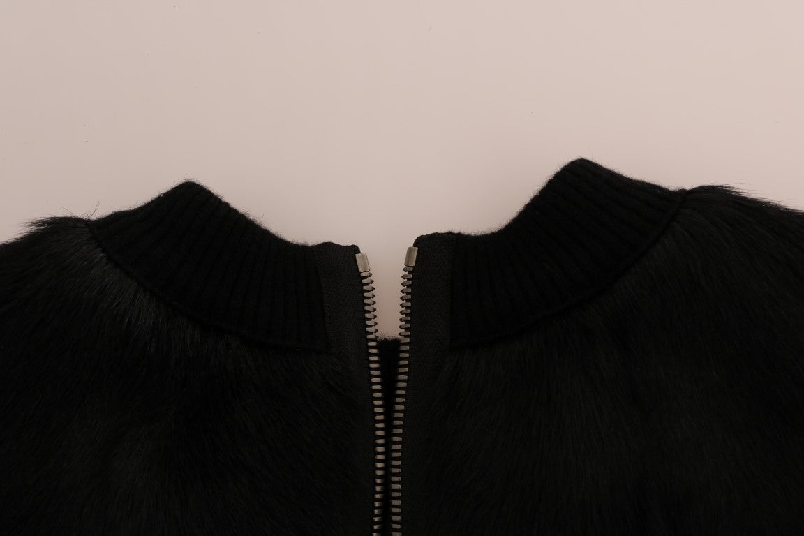 Schwarzer Pullover mit Reißverschluss aus Brokat mit Blumenmuster und Pelz