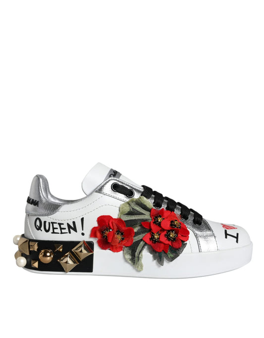 Weiße Sneakers aus Leder mit Blumen- und Nietenbesatz
