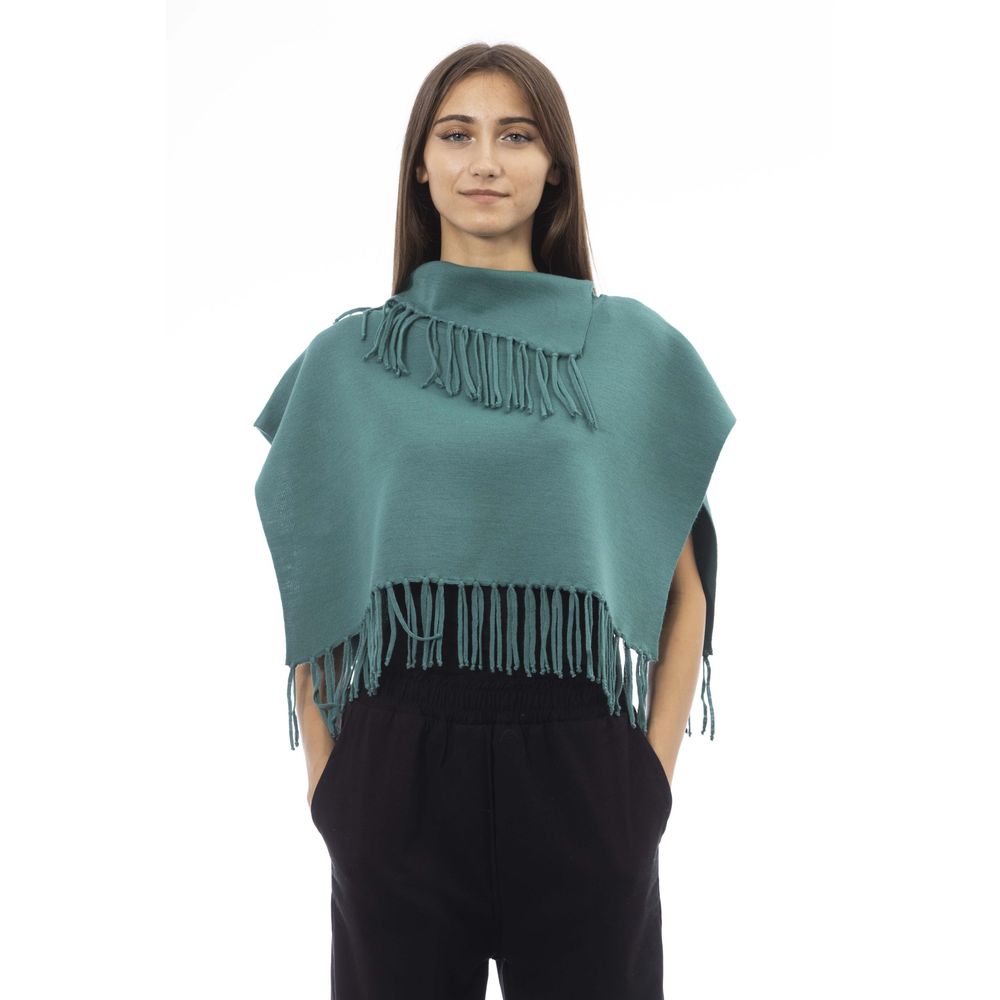 Grüner Damenponcho aus Wolle mit Fransen