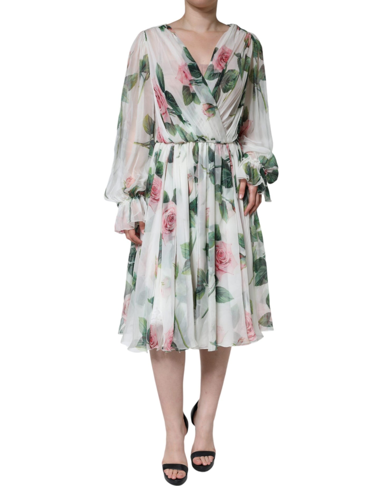 Weißes A-Linien-Midikleid aus Seide mit Blumenmuster