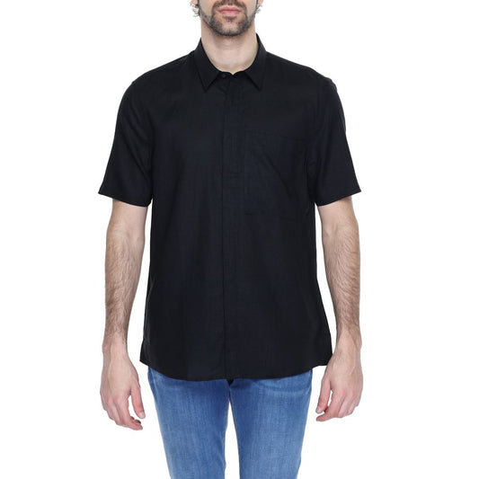 Schwarzes Leinen-Kurzarmshirt