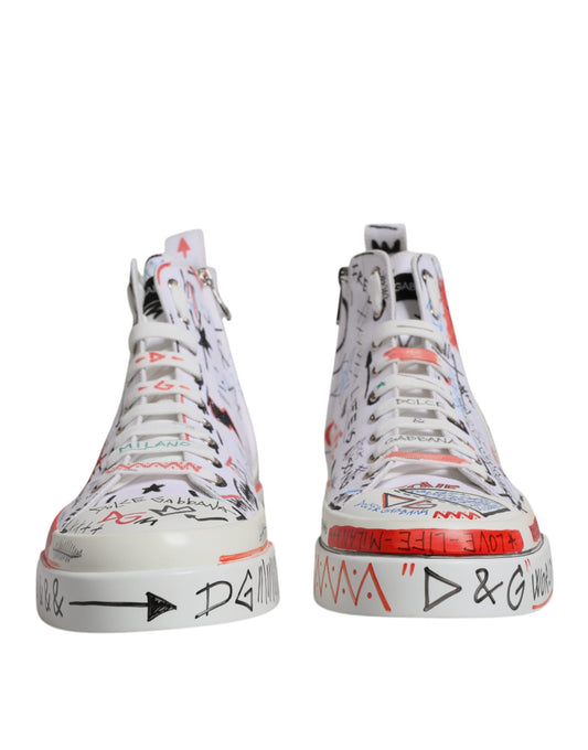 Weiße High-Top-Sneaker aus Baumwolle mit Graffiti-Motiv